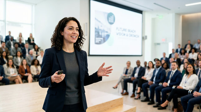 Confident professional woman giving presentation to large audience in modern auditorium. Female business leader speaking on stage at corporate conference event