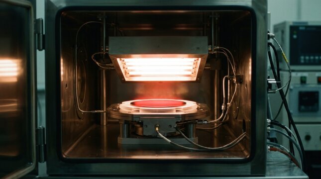 Medium shot of a rapid thermal processing chamber heating a single wafer with lamps for precise spike annealing to improve semiconductor performance. Medium shot capturing