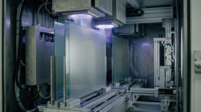 Medium shot of large glass panels inside a hightech sputtering chamber receiving precise conductive coatings for OLED display production.