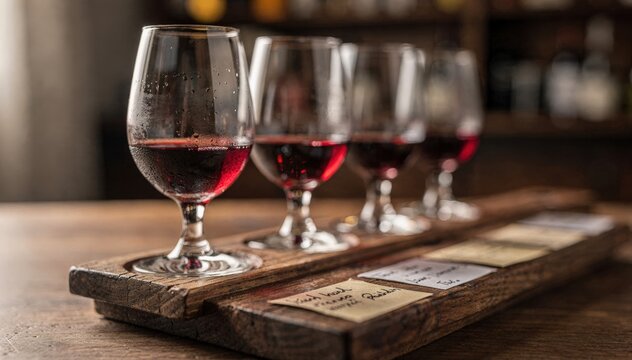 Medium shot of red wine tasting flight featuring small pours on a wooden board with handwritten tasting notes main glass sharply focused against blurred background.