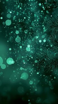 Magical Emerald Green Christmas Background with Shimmering Bokeh Lights and Pine Tree Branches 