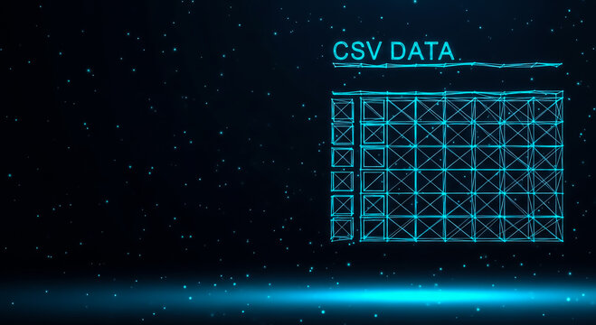 A digital illustration of CSV data displayed in a grid format on a dark background with stars, representing data organization.