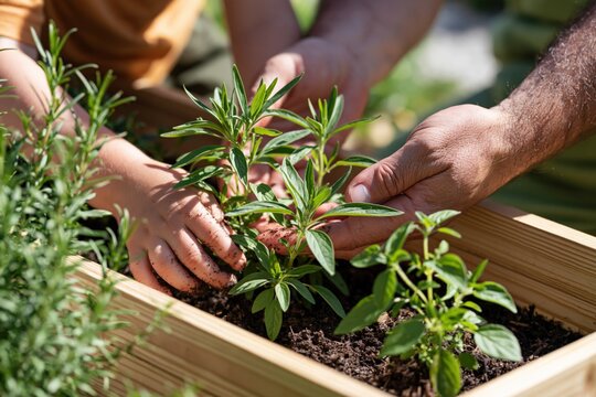 Adult and child hands planting young herbs and vegetables in a wooden garden planter box outdoors