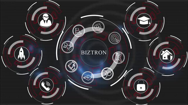 Dynamic digital business infographic interface featuring animated circular hud with corporate for data visualization, marketing presentations, and modern tech branding