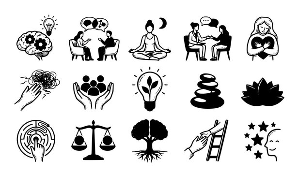 Hand Drawn Psychology and Mental Health Vector Icons with Brain Therapy and Mindfulness Symbols
