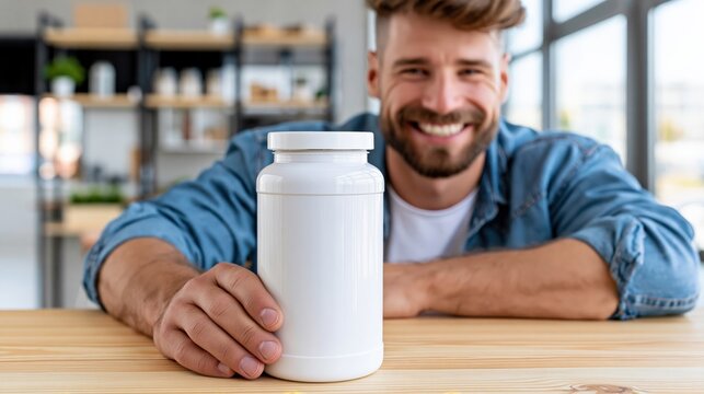 Happy man holding a white supplement bottle, promoting healthy lifestyle and fitness