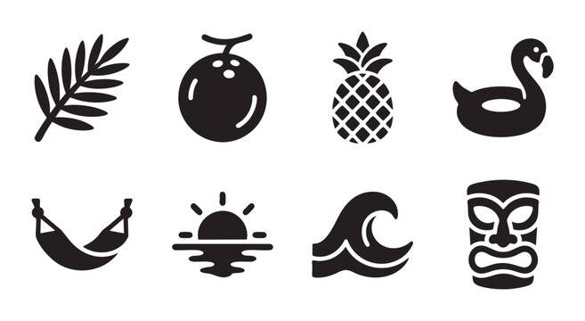 A collection of simple black silhouette icons representing summer vacation elements like a palm frond, coconut, pineapple, flamingo float, hammock, sunset, wave, and tiki mask.