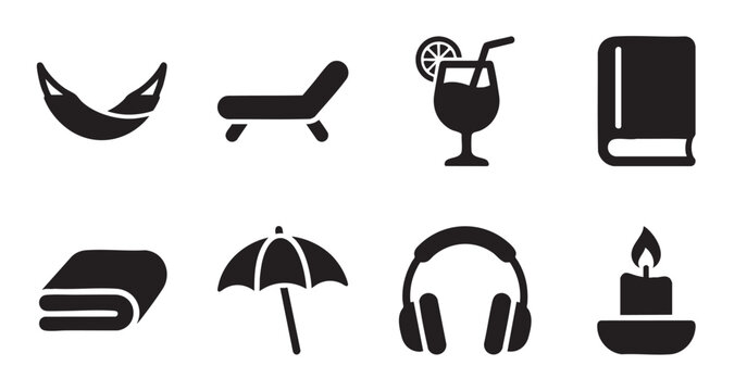 Collection of black solid icons representing vacation and relaxation elements such as a hammock, lounge chair, cocktail, book, towel, umbrella, headphones, and candle.