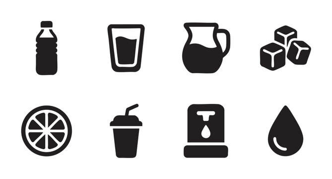 A collection of black and white vector icons featuring various drink-related items like a water bottle, glass, pitcher, ice cubes, and a slice of orange.