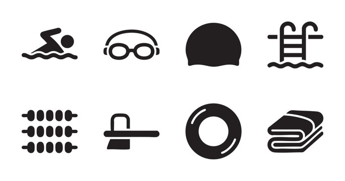 A collection of black icons representing swimming pool essentials, including a swimmer, goggles, cap, ladder, lane ropes, diving board, float, and towel.