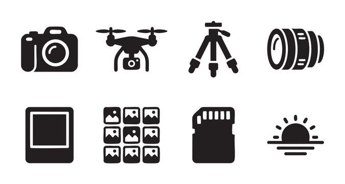 Collection of black photography and videography icons on a white background, including a camera, drone, tripod, lens, photo, gallery, SD card, and sunset.