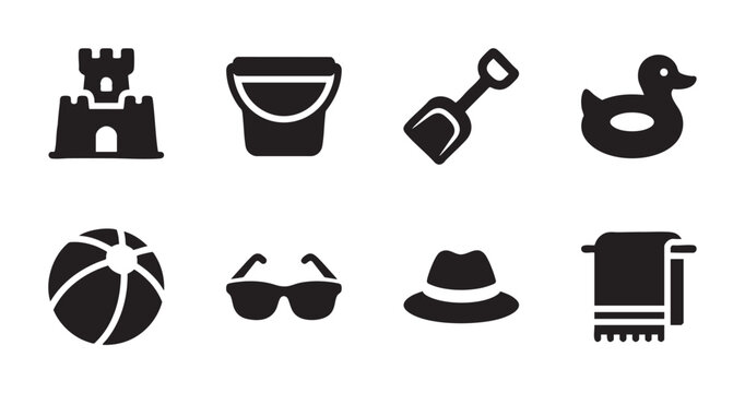 A clean and modern collection of black flat icons representing summer beach activities and vacation essentials like a sandcastle, bucket, shovel, beach ball, sunglasses, hat, duck, and towel.