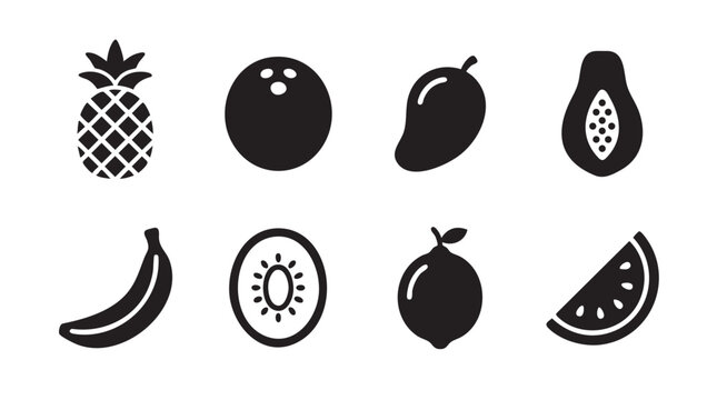 A clean collection of eight black and white vector icons depicting various tropical and common fruits, perfect for food, health, or travel themes.
