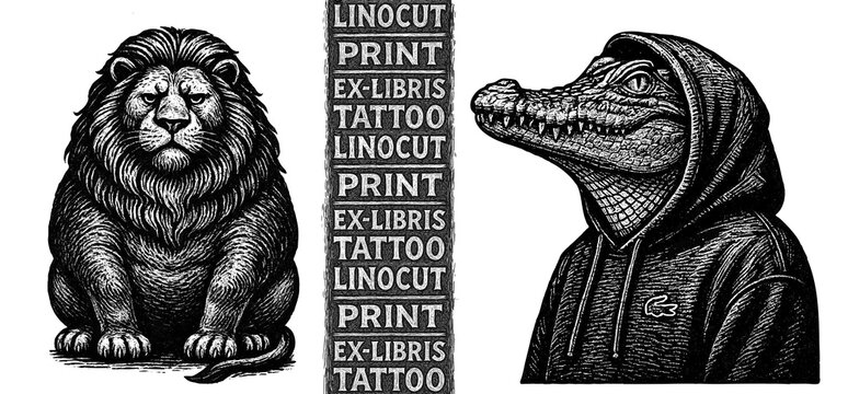 Fat lion, crocodile in hoodie, tattoo, print, linocut stamp, ex libris, ink