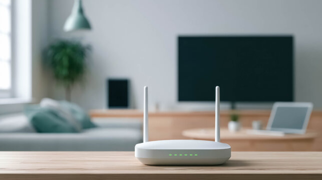 Modern WiFi router on wooden table in living room, home wireless network and internet connectivity concept