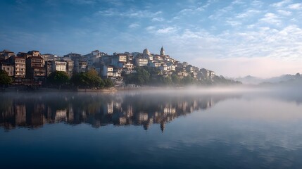 Naklejka premium A serene cityscape is viewed through a layer of atmospheric mist and soft morning light reflecting on calm water