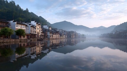 Fototapeta premium Misty mountain landscape featuring traditional wooden structures nestled among dense green forests at sunrise or sunset