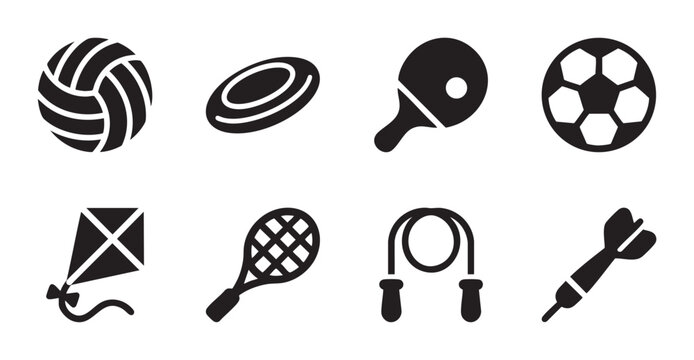 A collection of simple black icons on a white background representing various sports equipment, including balls, rackets, and a dart.