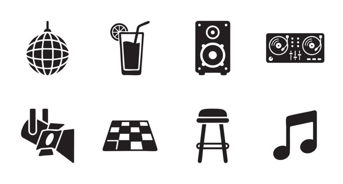 A collection of black silhouette icons depicting elements of a party or club scene, including a disco ball, drink, speaker, DJ deck, and music notes.
