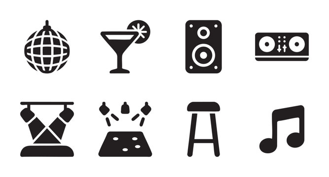 A collection of black vector icons representing party and nightlife elements such as a disco ball, cocktail, speakers, DJ equipment, and music notes.