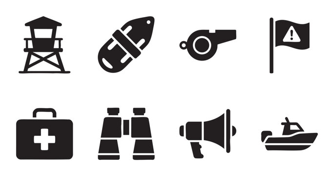 Collection of flat black icons representing lifeguard equipment including a tower, float, whistle, flag, first aid kit, binoculars, megaphone, and boat.