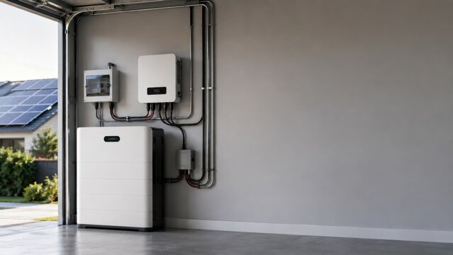Home solar battery storage system with inverter and electrical wiring
