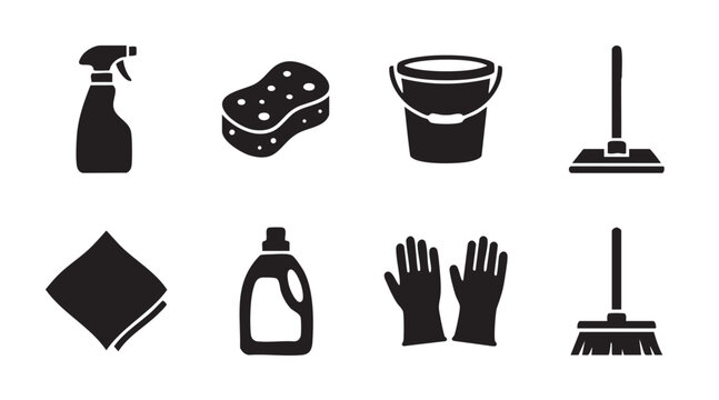 A collection of black silhouette icons representing various cleaning supplies including a spray bottle, sponge, bucket, mops, cloth, and gloves on a white background.