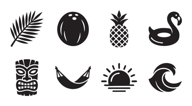 A collection of black silhouette icons representing tropical summer themes, including a palm leaf, coconut, pineapple, flamingo float, tiki mask, hammock, sun, and wave.