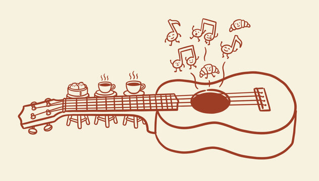 Cute ukulele illustration with animated music notes and breakfast items on a soft cream background