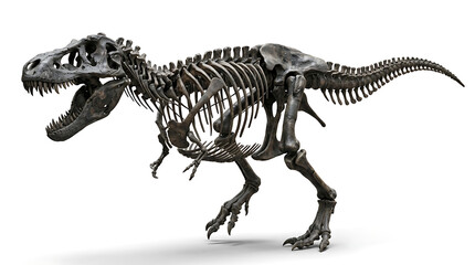 Fototapeta premium Realistic tyrannosaurus rex skeleton fossil displayed with open jaws isolated against a clean white background for paleontology
