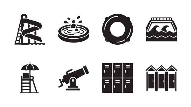 A collection of black and white vector icons representing water park elements like slides, pools, lifeguards, lockers, and changing rooms, ideal for design projects.