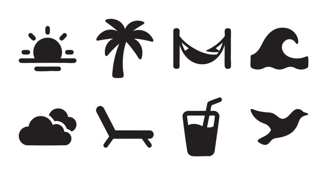 A collection of black silhouette icons representing summer vacation elements like sun, palm tree, hammock, wave, clouds, lounge chair, drink, and bird.