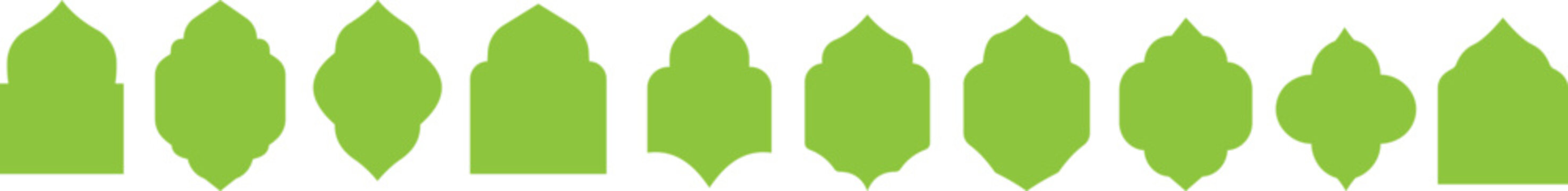 Set of ten lime green islamic archway silhouettes, architectural window frame shapes