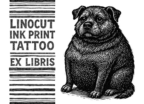 fat sad doggie, tattoo, print, linocut stamp, ex libris, ink
