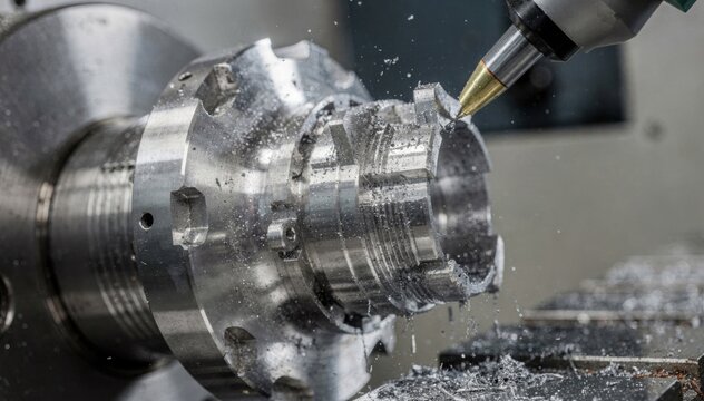 Medium shot of precision machining a highreliability aerospace circular connector with bayonet coupling showcasing intricate metalwork and craftsmanship.