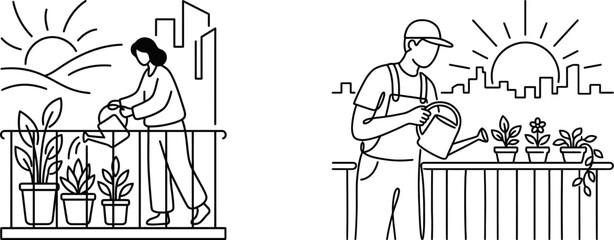 Urban balcony gardening sketch set. Hand drawn outline illustration of people watering potted plants with city skyline view. © FreelancerHasin