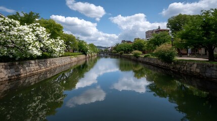 Fototapeta premium Lush green trees and a bright blue sky reflected over a stone embankment