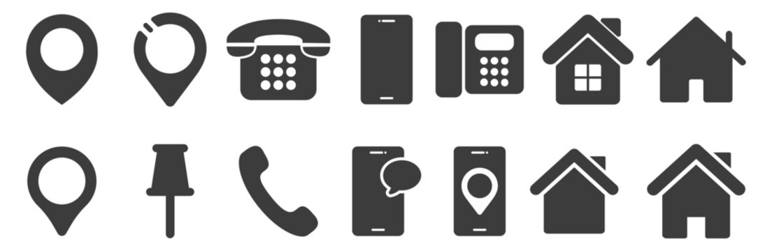 Communication icon set with phone, mobile, and location symbols. Simple business and home icons collection.