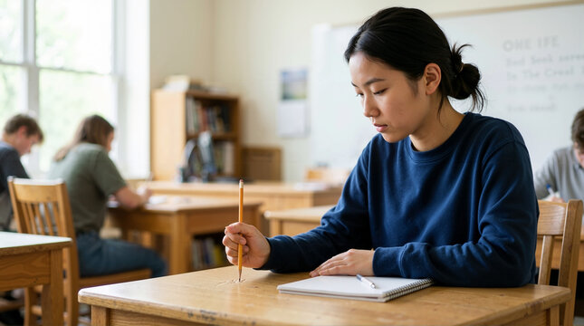 Bored Asian female student poking a desk with a pencil. Distracted young woman sitting in a classroom. Lack of focus and procrastination in education concept