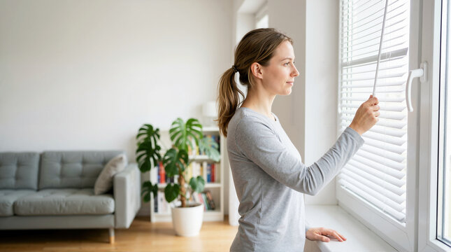 Woman closing window blinds in a modern living room. Lady adjusting the light in her home. Interior design concept