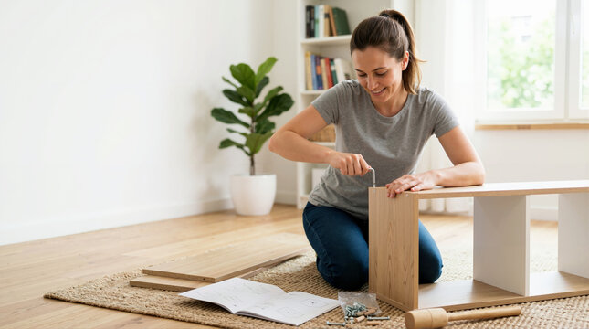 Smiling woman assembling flat pack wooden furniture on the floor at home. Female doing DIY home improvement project with tools and instructions