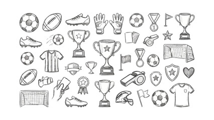 Fototapeta premium Hand Drawn Soccer Football Doodle Vector Set Sketch Line Art Equipment Trophy Boot Whistle Medal Sports Branding Logo Banner Sticker