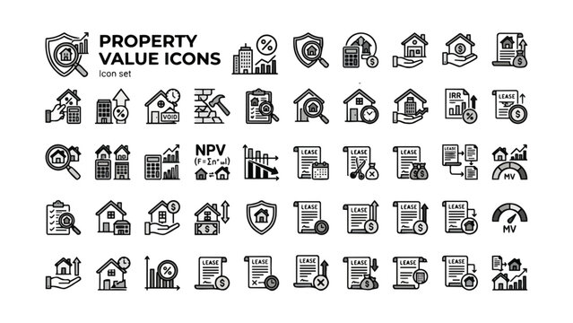 Property Valuation Investment Icon Set Yield Calculation Cap Rate Rental Void Dilapidations Schedule of Condition Comparable Investment Appraisal Net Present Value Lease Expiry Vector