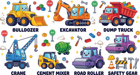 Cute Construction Vehicle Vector Set Featuring Kawaii Bulldozer Excavator Dump Truck Crane and Cement Mixer for Kids Nursery Decor and Toy Graphic Designs © Rajib