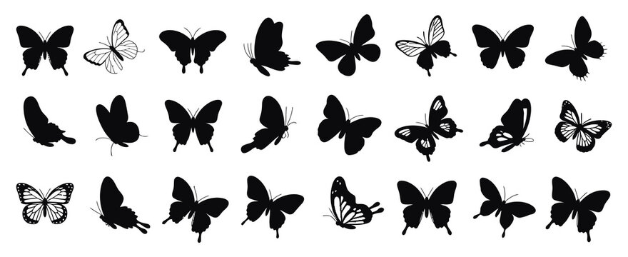 Butterfly silhouette vector set with moth and insect shapes. Hand-drawn flying butterflies in different wing styles for y2k logo design, sticker, and cover