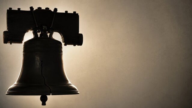 Large historic liberty bell silhouette in warm backlight