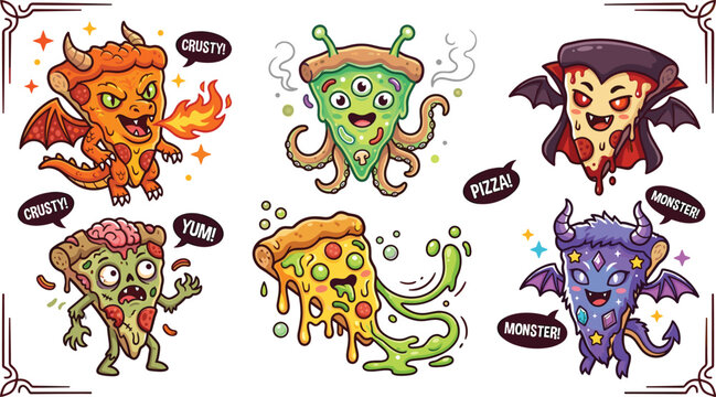 Dynaic Monster Pizza Character Set Featuring Fire Breathing Dragon Alien Squid Zombie and Vampire Pizza Slices for Edgy Graphic Designs and Sticker Packs