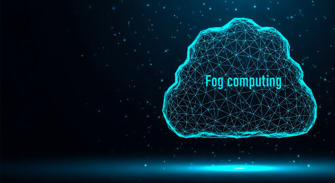 Illustration of fog computing with a cloud and network grid, representing decentralized computing infrastructure.