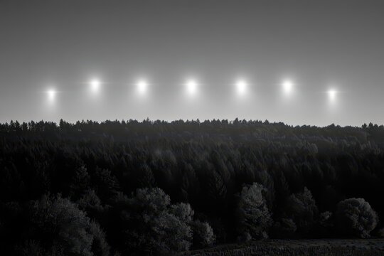 Mysterious bright lights hover over a dark, dense forest landscape under a hazy sky.