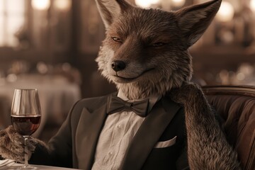 Obraz premium Sophisticated anthropomorphic fox in a tuxedo enjoying a glass of red wine at a formal dinner.